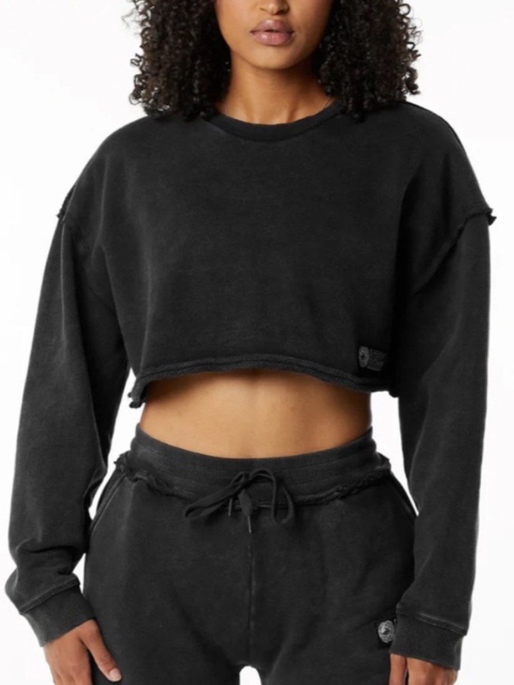 Alphalete Very Terry Black French Terry Cotton Cropped Distressed Sweatshirt M